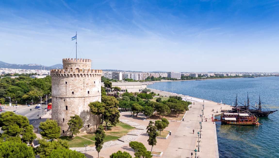 The White Tower and the seaside promenade of Thessaloniki.